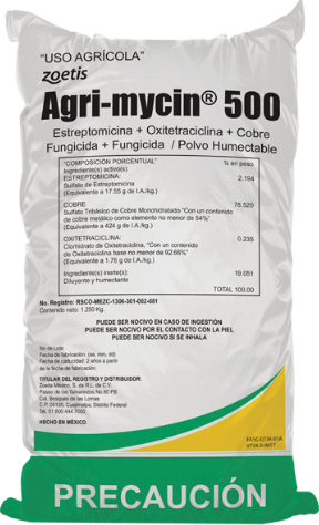AGRI-MYCIN 500 Estreptomicina 2.19% + Oxitetraciclina 0.23% + Sulfato tribasico de cobre 78.52% 1 kg